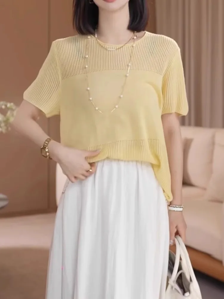 

Ladies' Ice Silk Knitted ort Sve round Ne Pullover Soft Comfortable Breathable Summer Top Sli Casual Korean Sle