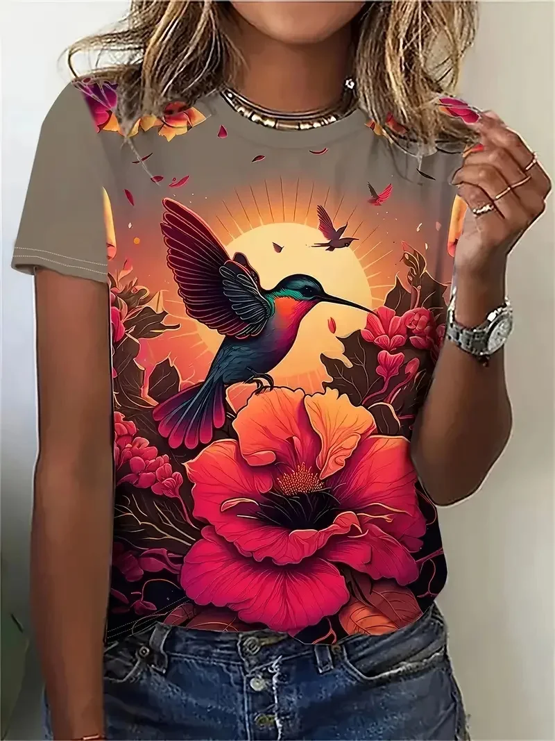Модная женская футболка с 3D принтом животных и птиц, летние повседневные топы с круглым вырезом и короткими рукавами, кавайные футболки для девочек, свободная трендовая женская одежда