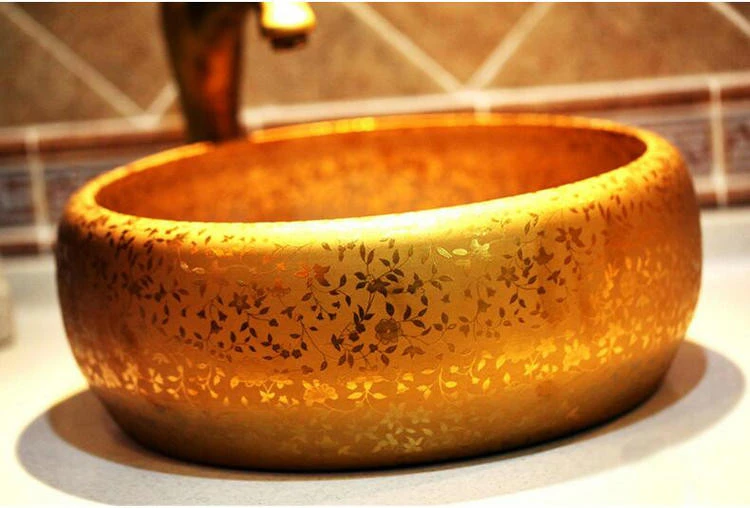 

Artistic Golden Wash Basin Ceramic Round Coutertop Bathroom Sink