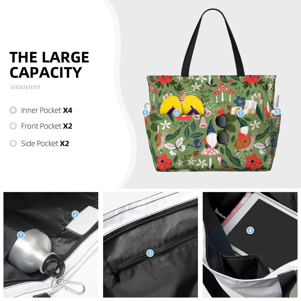 Stravagante gnomo da giardino che cavalca lumache borsa da viaggio da spiaggia, borsa tote regali pratici alla moda regalo di compleanno modello multi-stile