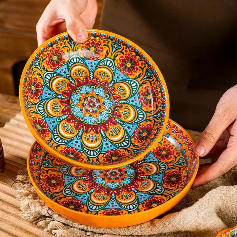 

7/8inch Bohemian Ceramic Underglaze Colour Plate High Appearance Level Home Creative Dish Plate Fruit Steak Round Plate