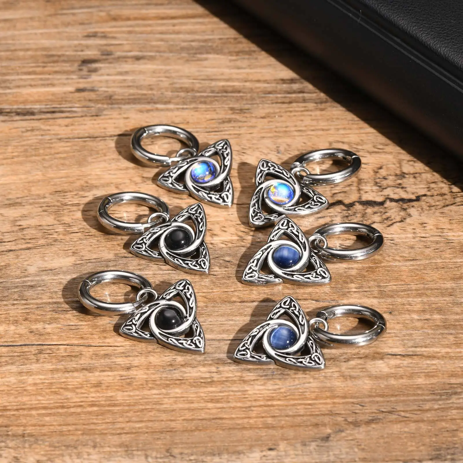 Geometric Triangle Earrings for Men Boys,Viking Natural Stone Inlaid Huggies Hoop Earrings,Vintage Ear Jewelry Gifts