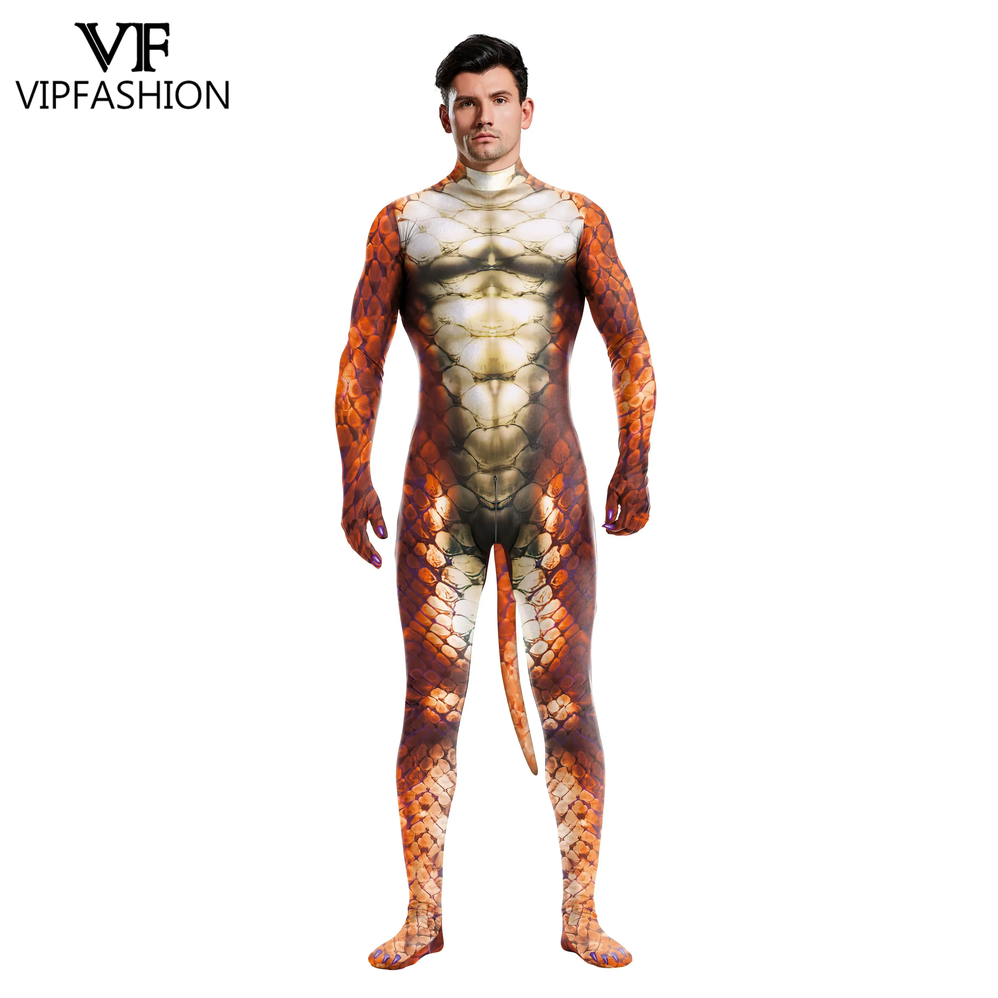 VIP FASHION Men Snake Cosplay Costume with Dog Tail Animal Printed Zentai Bodysuits Male Sexy Jumpsuit Halloween Party Outfit