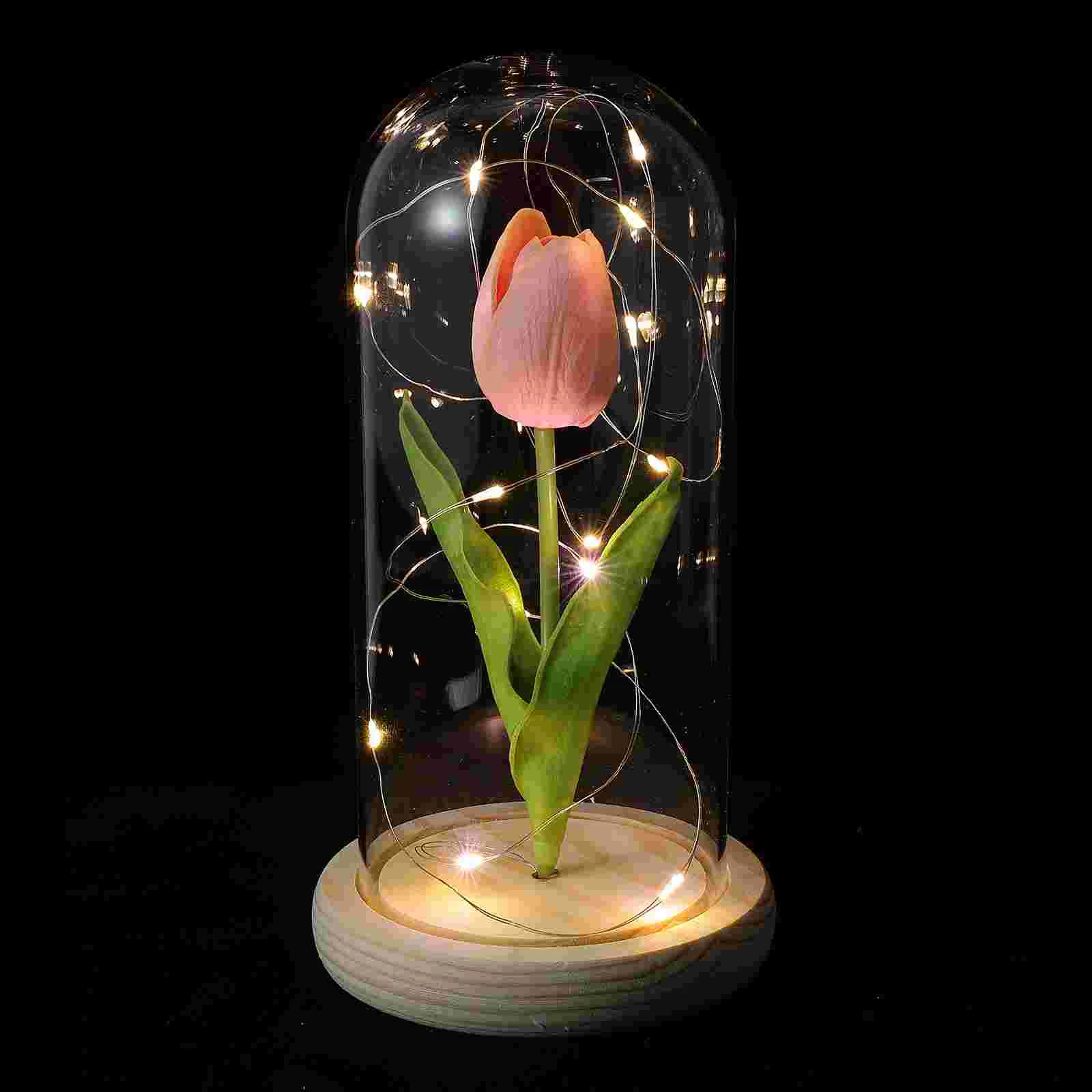 

Tulip Ornament Lamp Luminous Tabletop Adornment Exquisite Desktop Decor Lamps Glass Cover Light Mini LED