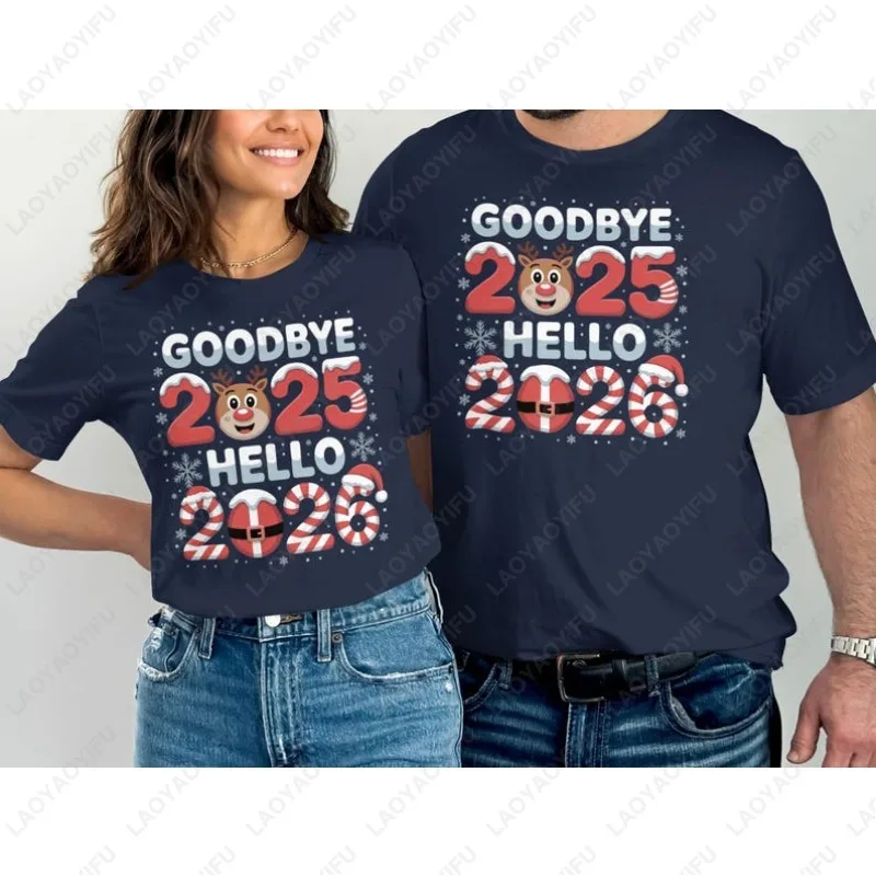 

Goodbye 2025 Hello 2026 Funny New Year Tshirt Candy Cane Numbers Men Women Cotton Tops Reindeer Xmas Happy Holidays Party Tees