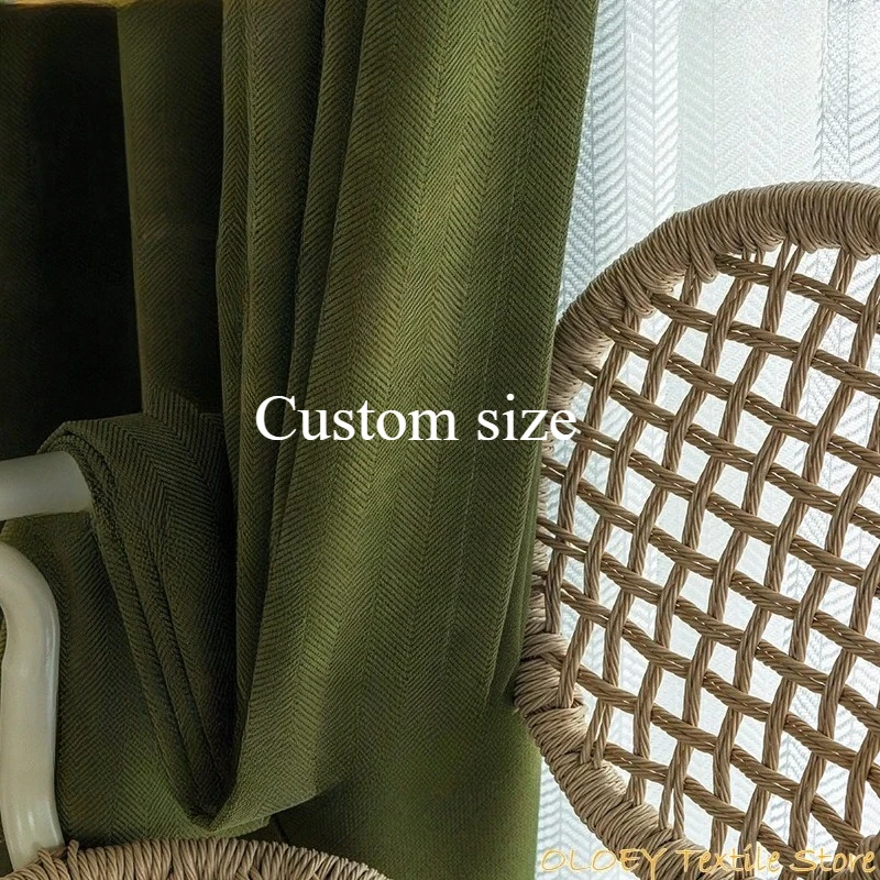 

Custom Fashion Luxury European Vintage Olive Green Chenille Thicken Curtains for Living Room Blackout Bedroom Dining White Tulle