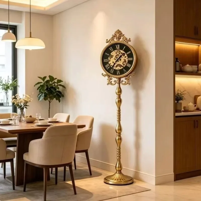 Nordic Gear Floor Clock Decor Watch Living Room with Tape Lights Vintage Golden Floor Clocks Large Silent Home Decoration