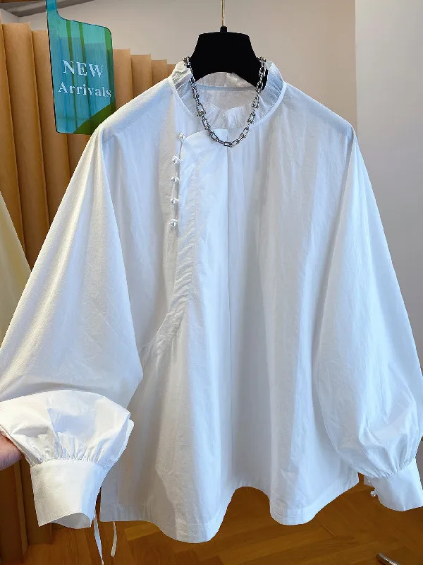 

plus Size Women's Casual Shirt Traditional Chinese Style Button up Spring Summer Mushroom Collar Sun Protection Cotton Long S...