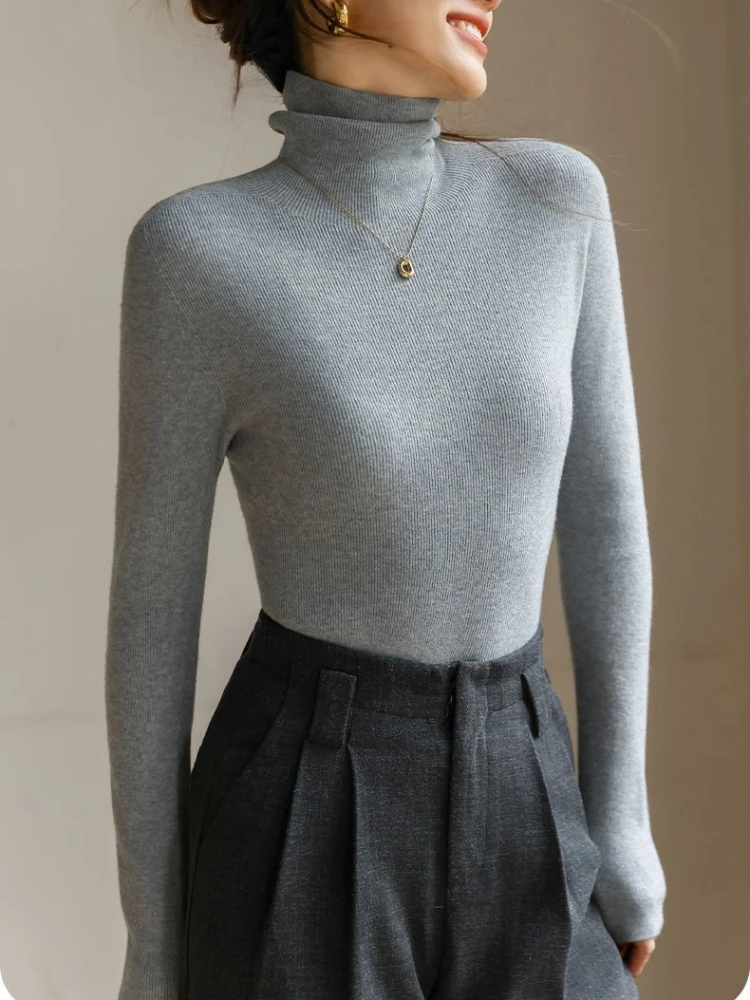 Autumn Winter Korean Slim Long Sleeve Pullovers 2026 Women's Turtleneck Sweater Solid Simple Basic Knit Thick Warm Top