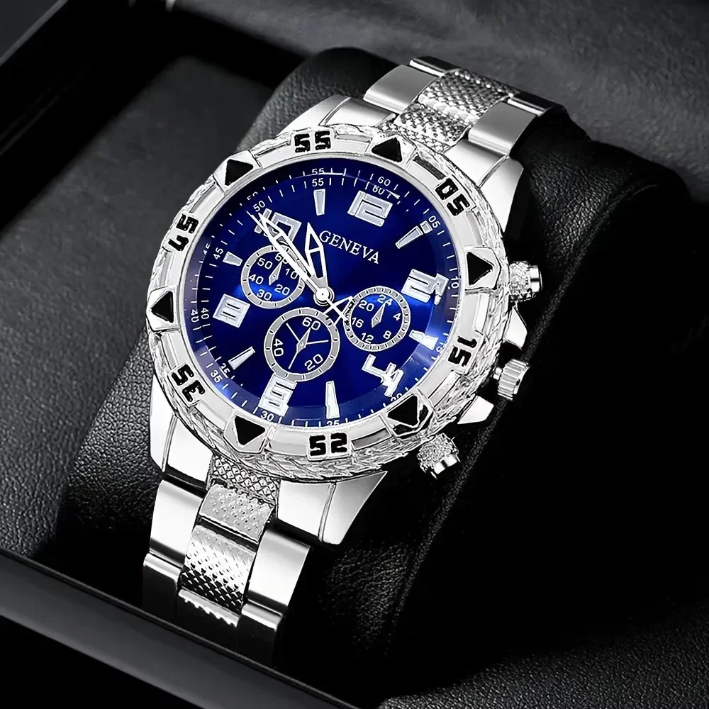 Men 2Pcs Watch Bracelet Set Geneva Chronograph Wristwatch Relojes Hombre Boxes Not Included