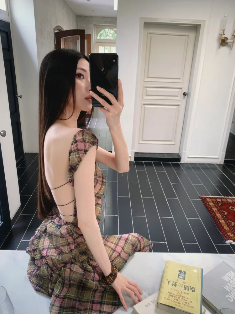 Summer Plaid Chiffon Chic Backless Sexy Sling Dress Women Elegant Bandage Casual Dress 2026 Korean Bodycon Luxury Evening Dress