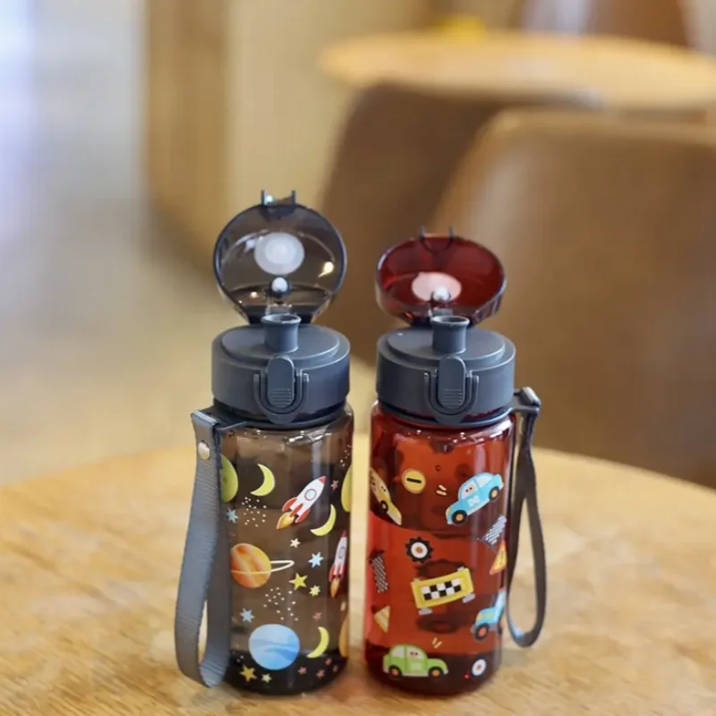 3D Printed 400ml Cartoon Space/Car/fish/ Pattern Plastic Cup Water Bottle Portable Cute Straw Cup Leak-proof Drinking