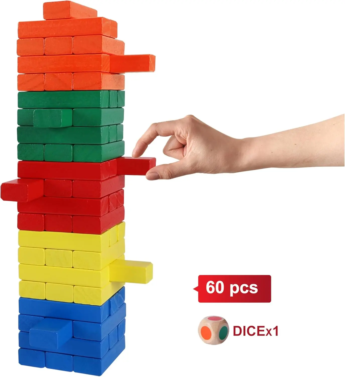 Tumble Tower Game for Kids and Adults, 60pcs Wooden Stacking Board Games Building Blocks for Kids and Family Games Night, Colorf