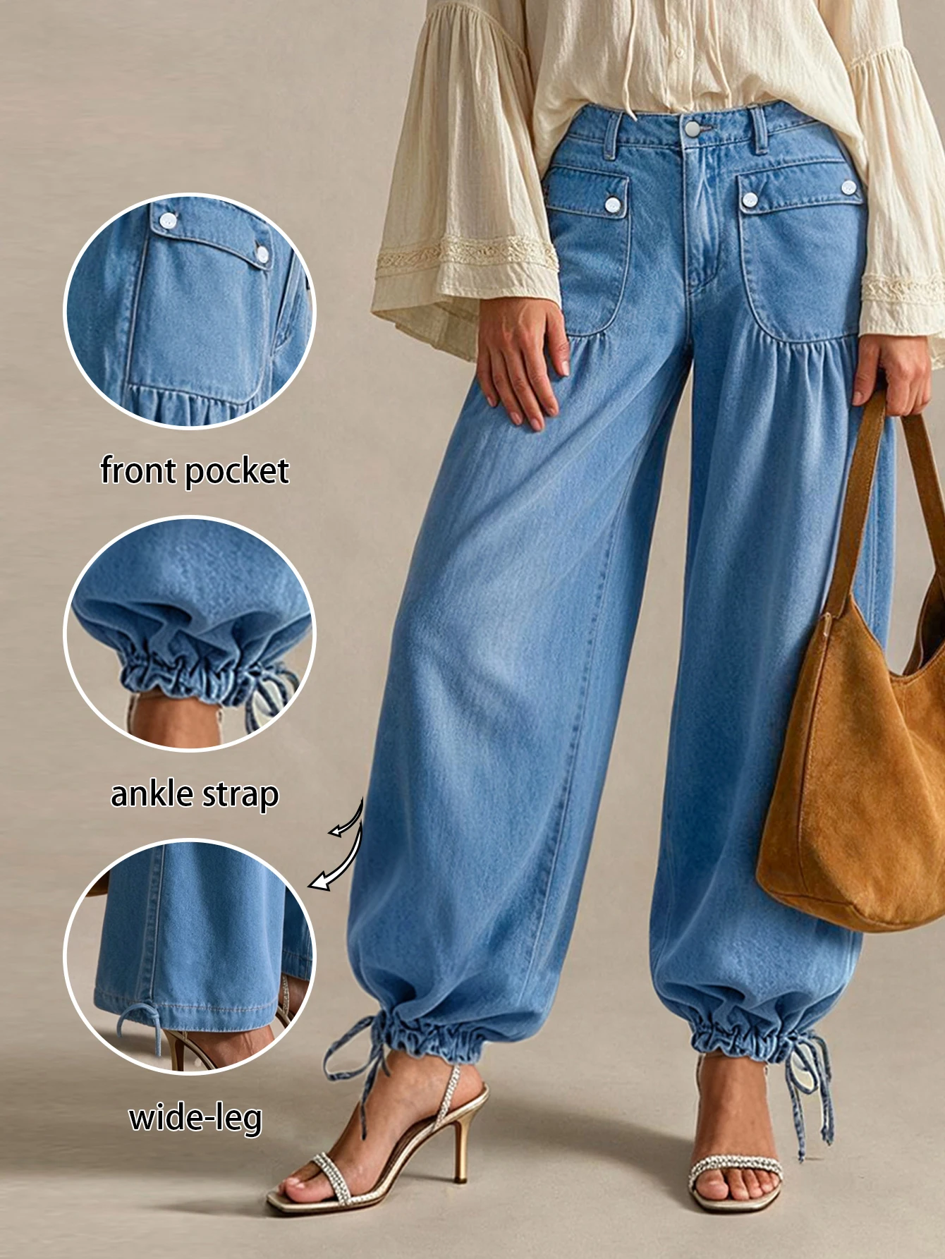 Women Retro Light Blue High Waist Lantern Denim Jeans, Button Flap Pockets, Pleated Baggy Wide Leg Pants, Drawstring Cuff Cargo