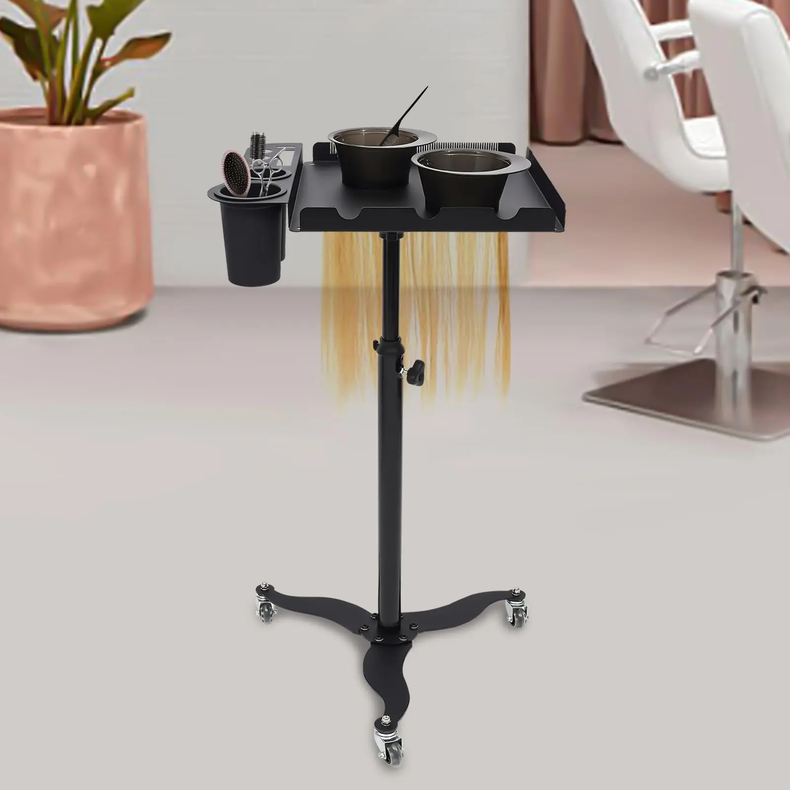 Rolling Salon Tray on Wheels, Metal Hairstylist Tray Rolling Cart for Hair Salon Station with 2 Hair Color Bowls, Salon Trolley