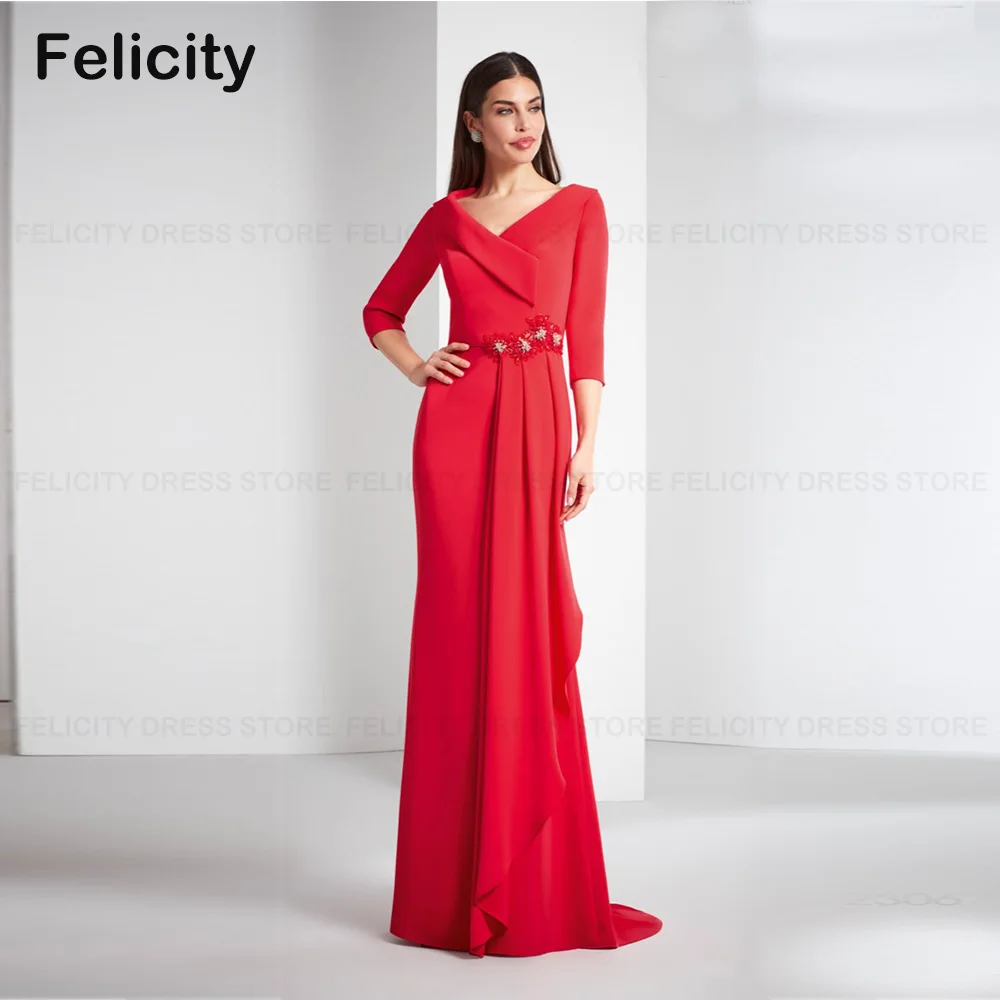 Red Mother of the Bride Dresses 2023 Mermaid V-neck Floor-length Beadings Formal Party Wedding Guest Dresses فستان حفلات الزفاف