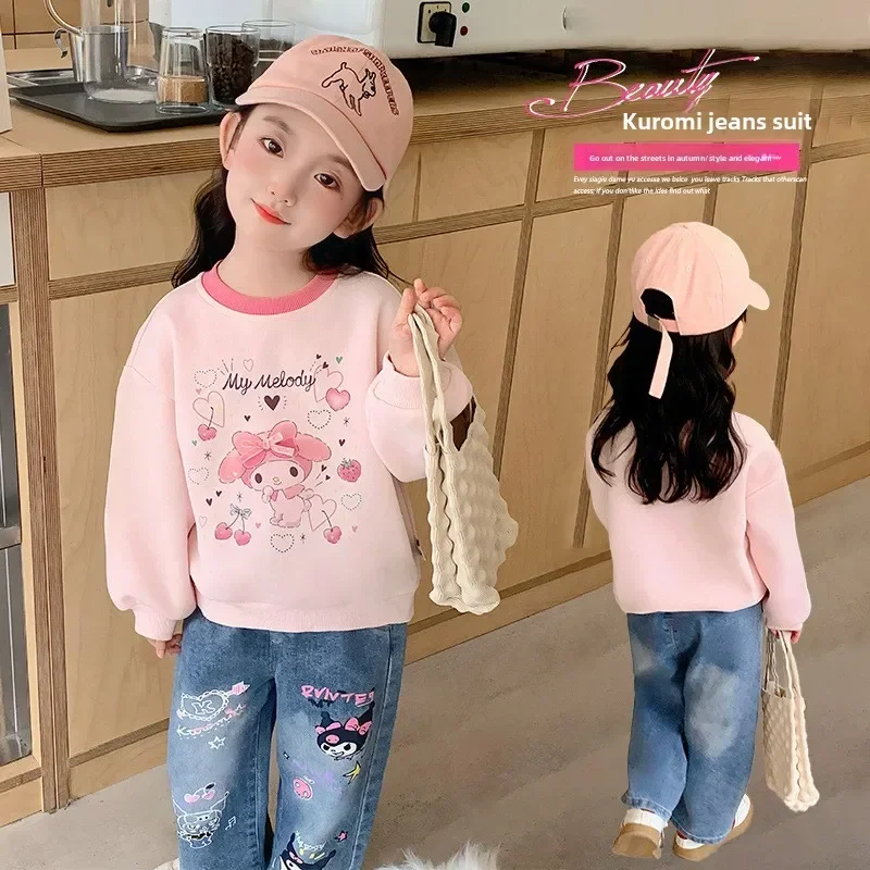 Anime Sanrio Children's Girls Autumn Hoodie Sweater Pure Cotton Autumn Clothing Cartoon Two Piece Set Top Girl Sweet Crew Neck