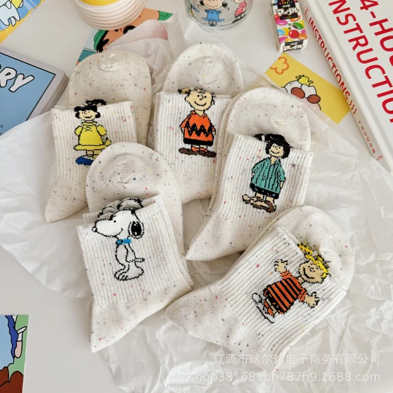 

5Pcs Cute Socks Boys Girls Anime Cartoon Cute Dot Yarn Snoopys Mid Tube Creative Cotton Socks Trendy Couple Student Socks Gifts