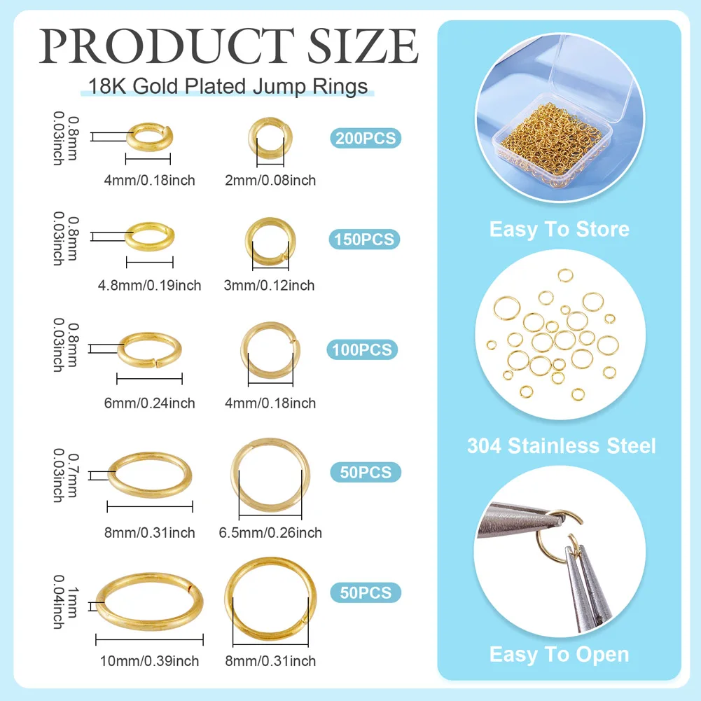 5 Sizes Mix 304 Stainless Steel Open Jump Rings Real 18K Gold Plated Connectors 4mm 6mm 8mm 10mm for DIY Jewelry Making Findings