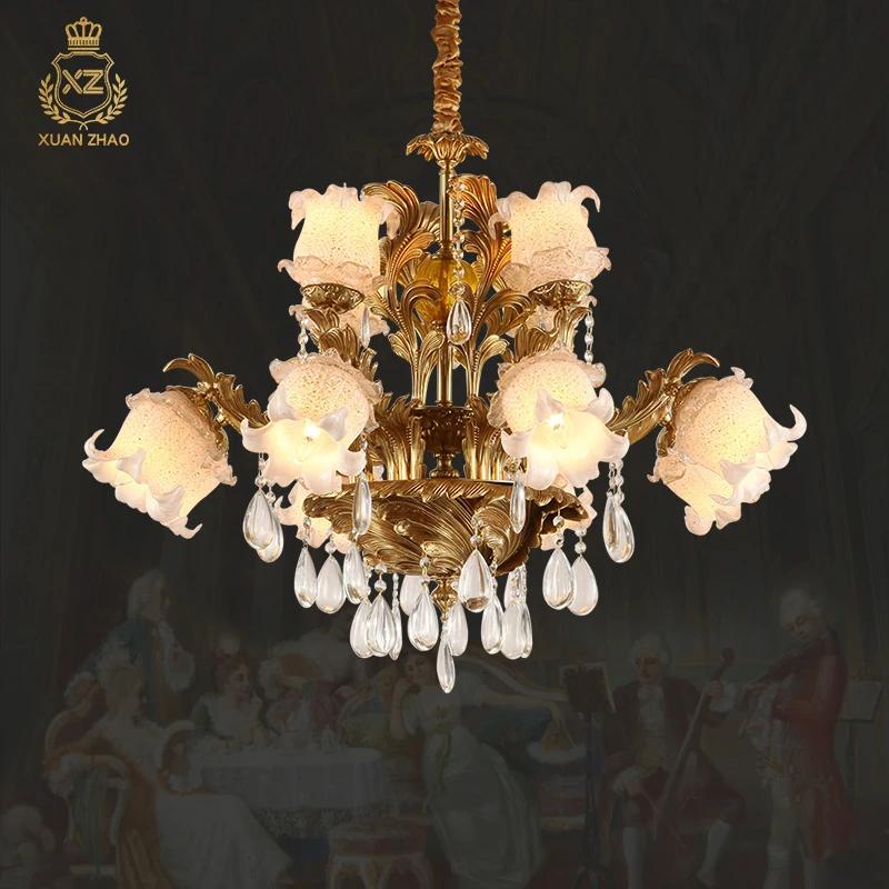 Xuanzhao luz estilo europeu francês decorativo cristal de vidro pingente lâmpada luxo design high end grande iluminação lustre