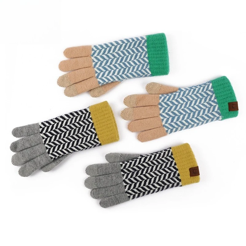 Autumn Winter Wool Contrasting Knitted Protective gloves Retro Velvet Cycling Touch Screen Thermal Warm Soft Fleece Lined