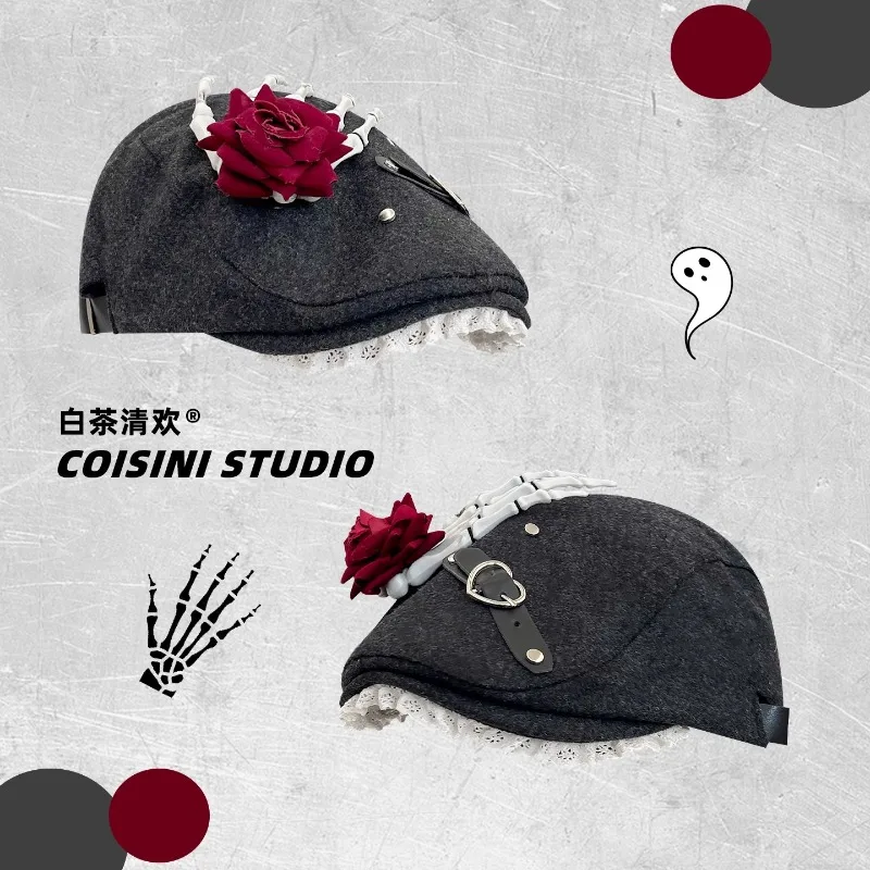 

Береты с наклейками в стиле темного готика с розами и черепами для женщин: осенне-зимний уличный тренд, универсальный ретро-стиль Y2K, модная шляпа