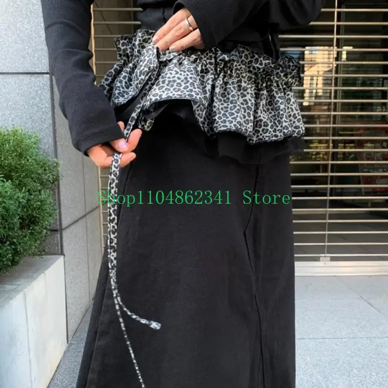 5asd Tie Up Leopard Mesh Ruffled Apron Skirt with Layered Look for Women Decorative Tie Waist Mini Wrap Skirt Overskirt Scarf