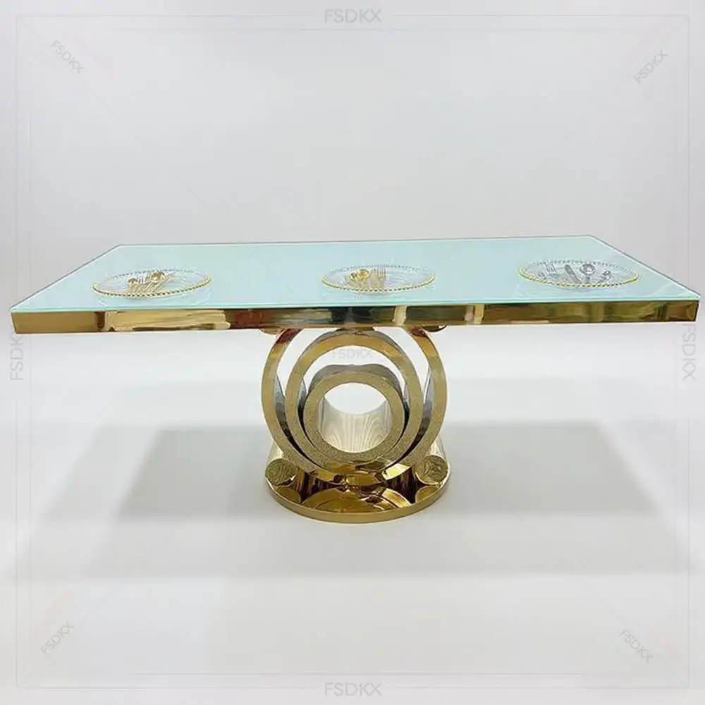 

Modern Glass Stainless Steel Dinning Gold Legs Wedding Rectangular Event Banquet Table