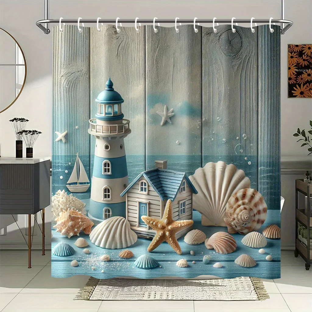 Seashell and lighthouse printed shower curtain on blue background with 12 hooks easy to clean Enhance spatial aesthetics