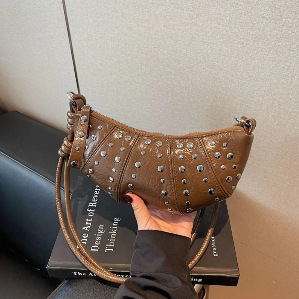 

Crossbody Bag Croissant Shoulder Bag Small Pack Solid Color Rivets PU Dumplings Bag Korean Style Brown Punk Style Handbags Girls