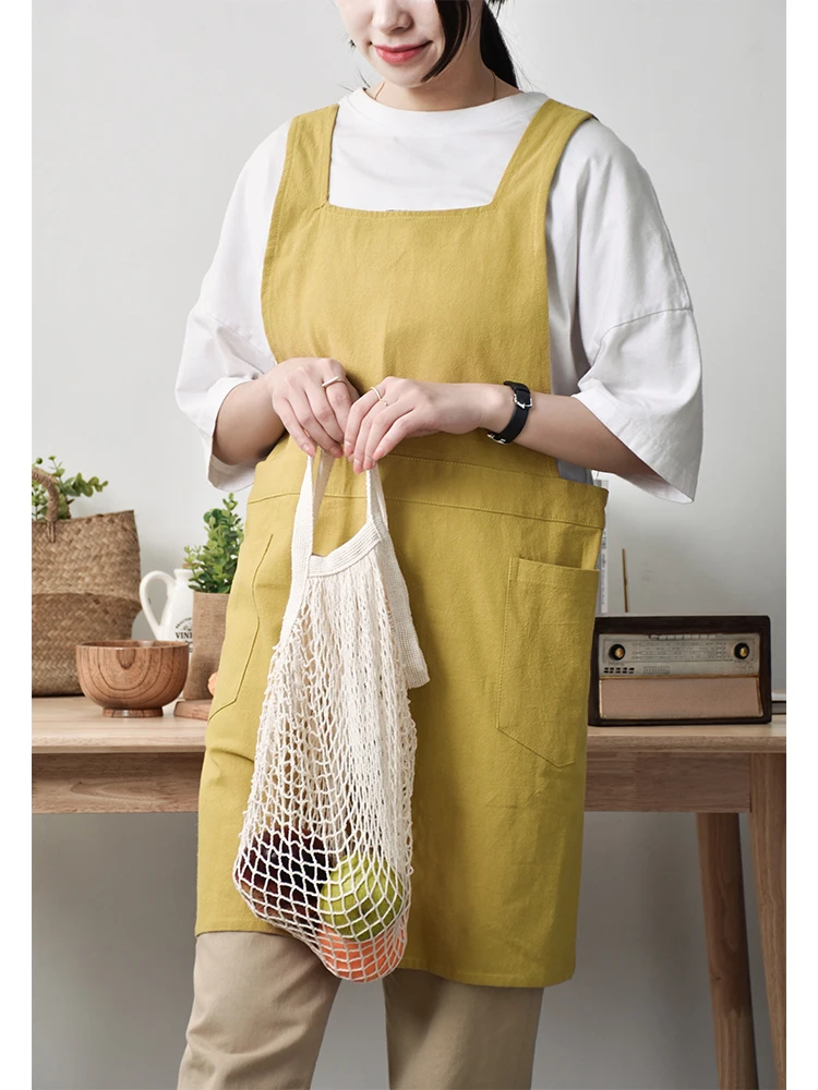 Aprons Korean Style Japanese Sweet Retro Cotton Work Clothes Household Kitchen Literary Painting Cleaning Tools Soild