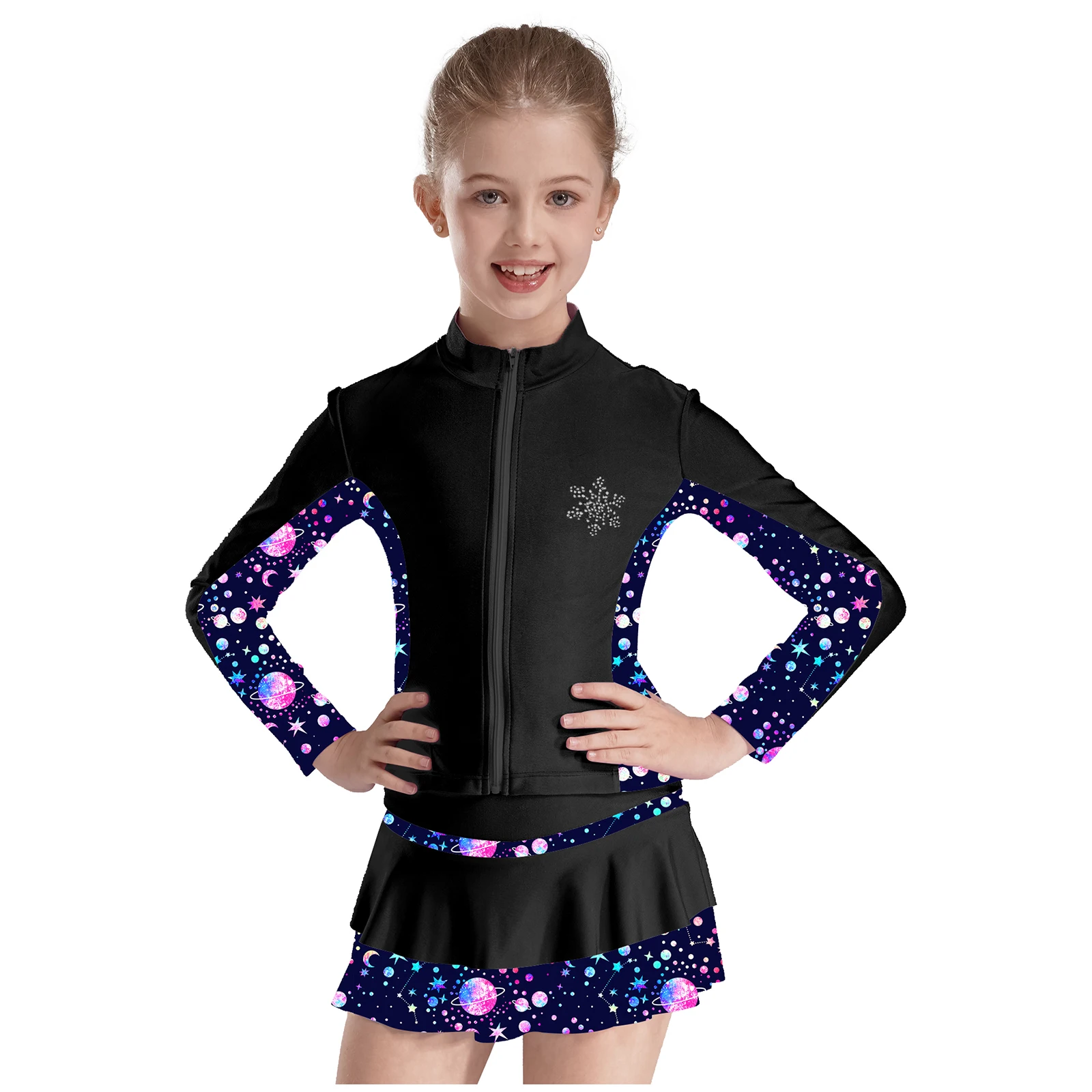 Kids Girls Figure Skating Competition Outfit 2Pcs Long Sleeve Zipper Front Printed Sweatshirt with Skirt Set for Fitness Workout