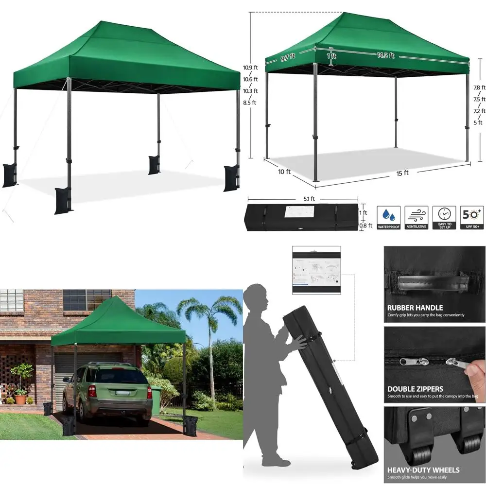 

Heavy Duty 10x15 Instant Canopy Tent for Outdoor Commercial Use with Adjustable Canopy and Wheeled Bag, 4 Sides Included, Pop Up