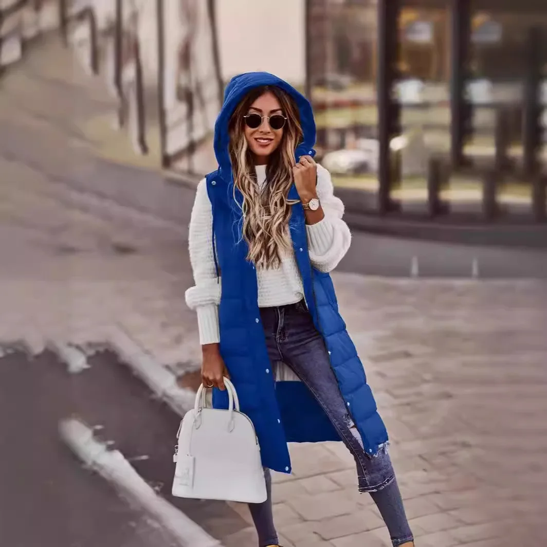 Women Parkas Vest Hooded Single Breasted Long Vests Sleeveless Warm Thick Slim Fit Zipper Coat Elegant Lady Autumn Winter