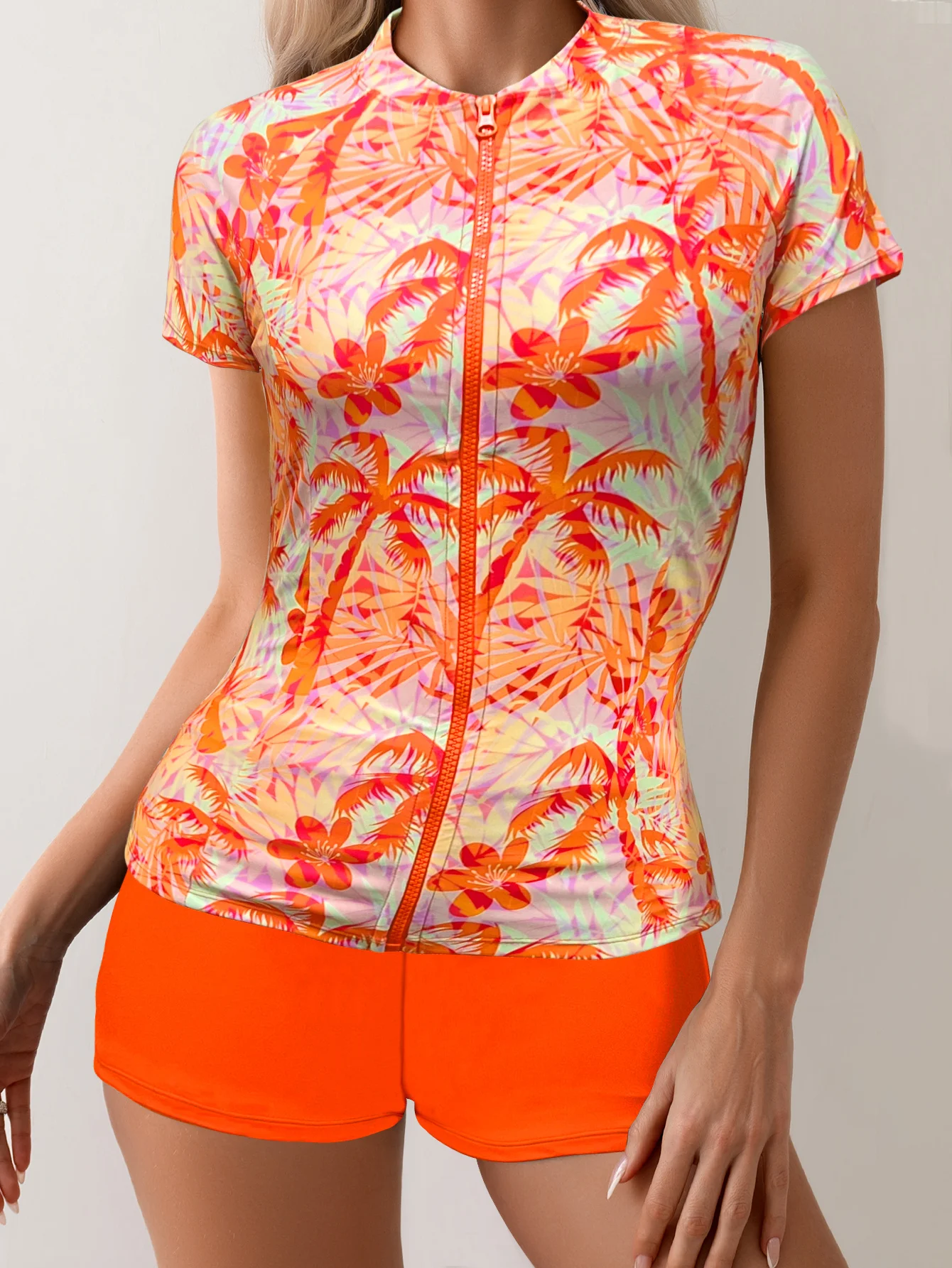 

Women's 2 Piece Rash Guard Set Tropical Palm Print Zipper Short Sleeve Swim Top with Orange Boy Shorts UPF 50+