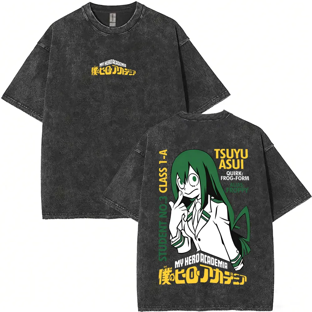 Washed Vintage Anime My Hero Academia Tsuyu Asui T-shirt Men Women Casual High Quality Cotton T-shirts Manga Oversized T Shirts