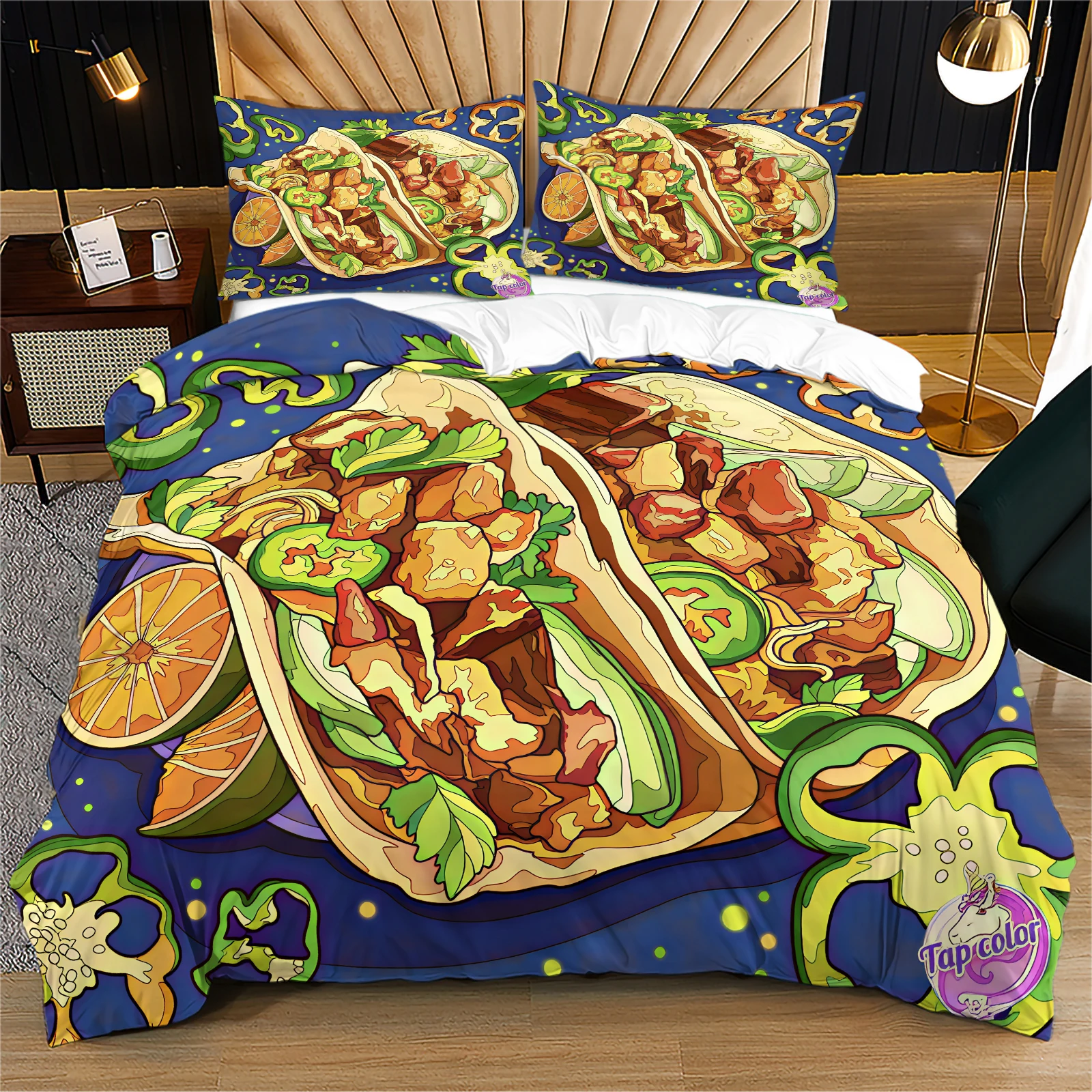 Deep Navy Blue Cartoon Taco Burrito 2/3 Piece Duvet Cover Set All Season Novelty Food Themed Bedding Fun Quirky Gifts