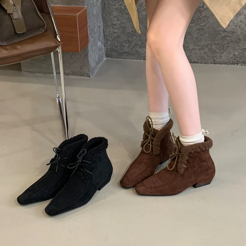

SUOJIALUN 2025 Winter New Brand Women Ankel Boots Fashion Warm Plush Lace Up Short Boots Square Low Heel Casual Dress Chelsea Sh