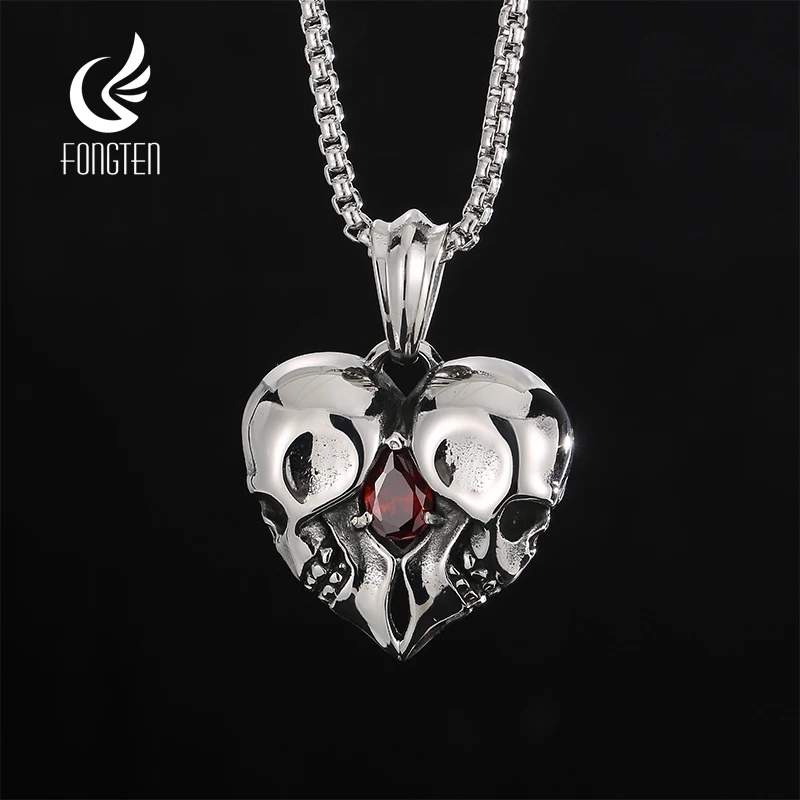 

Fongten Punk Men's Double Skull Pendant Necklaces Shiny Stainless Steel Red Zircon Box Chain Necklace For Men Hip Hop Jewelry