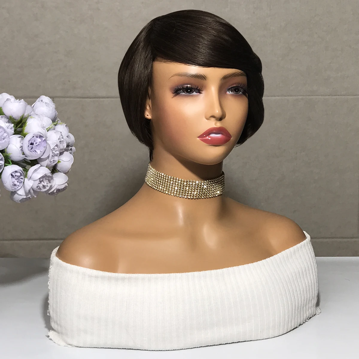 

# 2, короткие парики из натуральных волос с стрижкой пикси, прямые парики с стрижкой пикси, темно-коричневые, полностью машинные парики из человеческих волос Hairugo