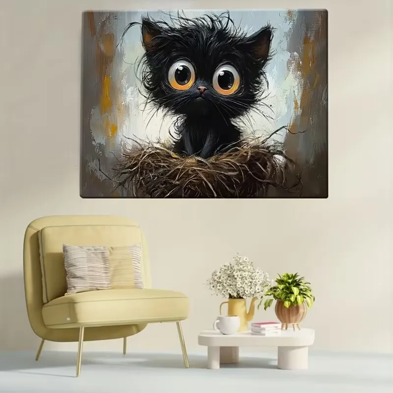 Big-eyed Black Cat Sitting in A Bird's Nest Poster and Prints Animal Canvas Painting Wall Art Picture for Living Room Home Decor view 3
