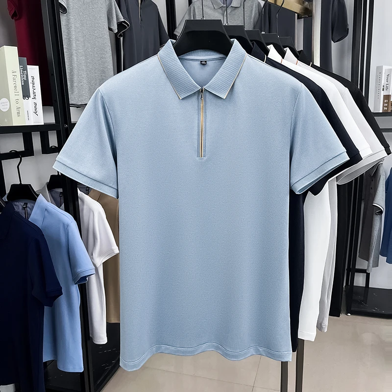 

Light luxury half zipper fashion short sleeve polo shirt men's summer business casual comfort texture solid color new T-shirt