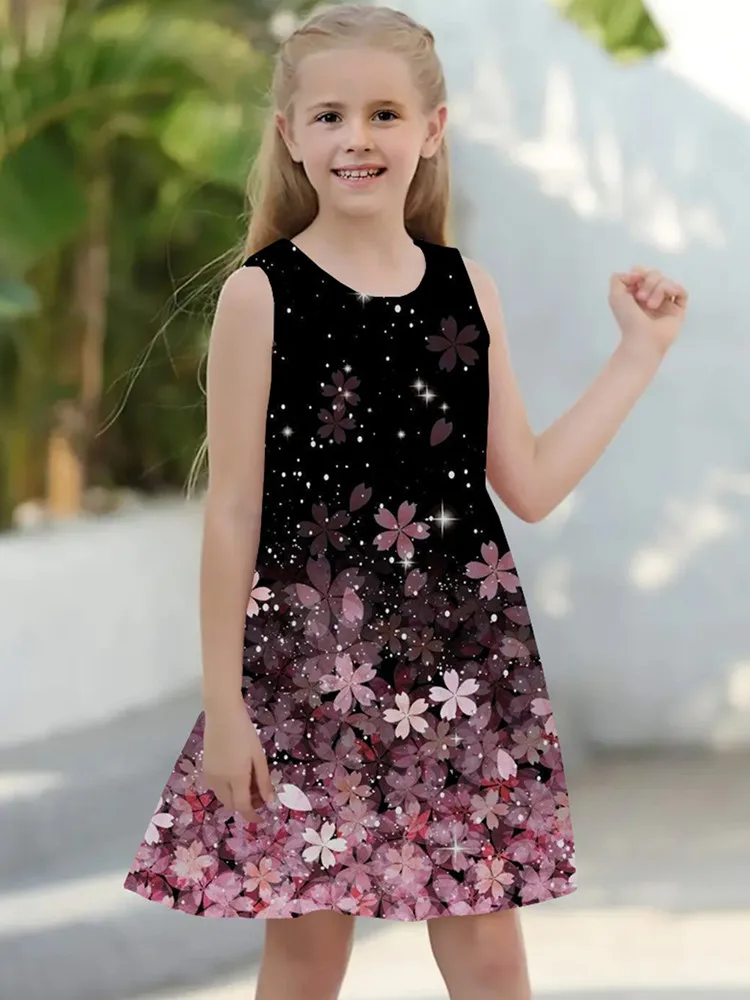 Vestido de verão para meninas, sem mangas, colar redondo, estampa floral, estampa 3d, vestidos de princesa para meninas de 8 a 12 anos