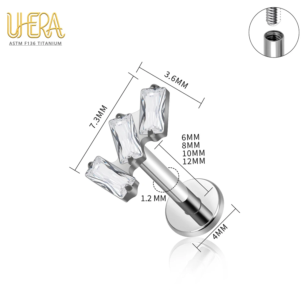 G23 ASTM F136 Titan Labret Stud mit Schmetterlings-Mond-Top und Baguette-Zirkonia, Innengewinde, für Knorpel-, Ohr-, Lippen- und Körperpiercings – Detail 5