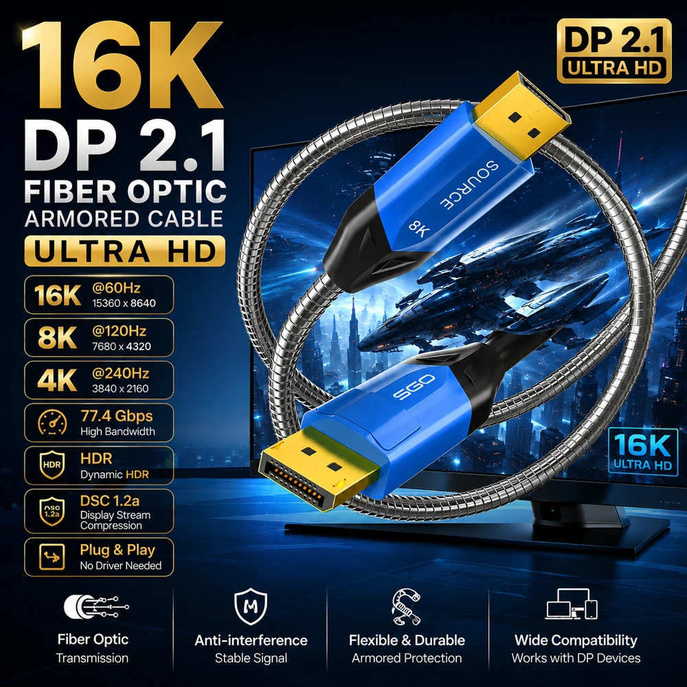 

16K Armored Fiber Optic DP Cable DisplayPort 2.1 UHD 77.4Gbps 16K@60Hz HDR Gaming Monitor Laptop PC DesktopMetal Armor DP Cable