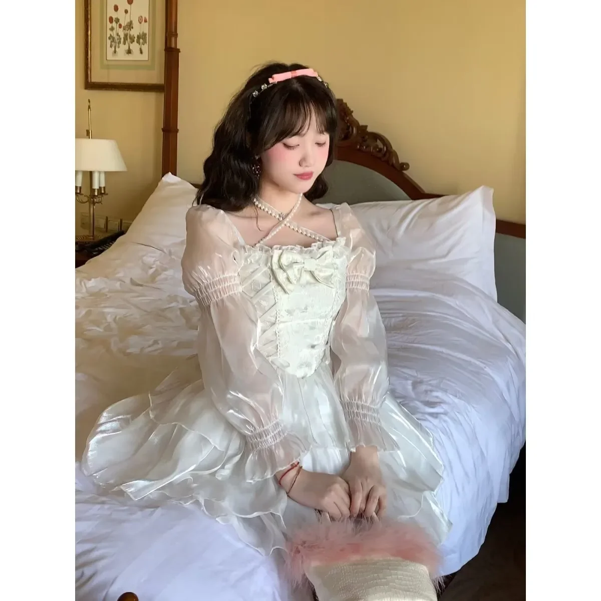 Japanese Sweet Fairy Lolita Dress Women White Mesh Elegant Princess Dress Female Bow Casual Evening Party Dress Summer 2023 Slim