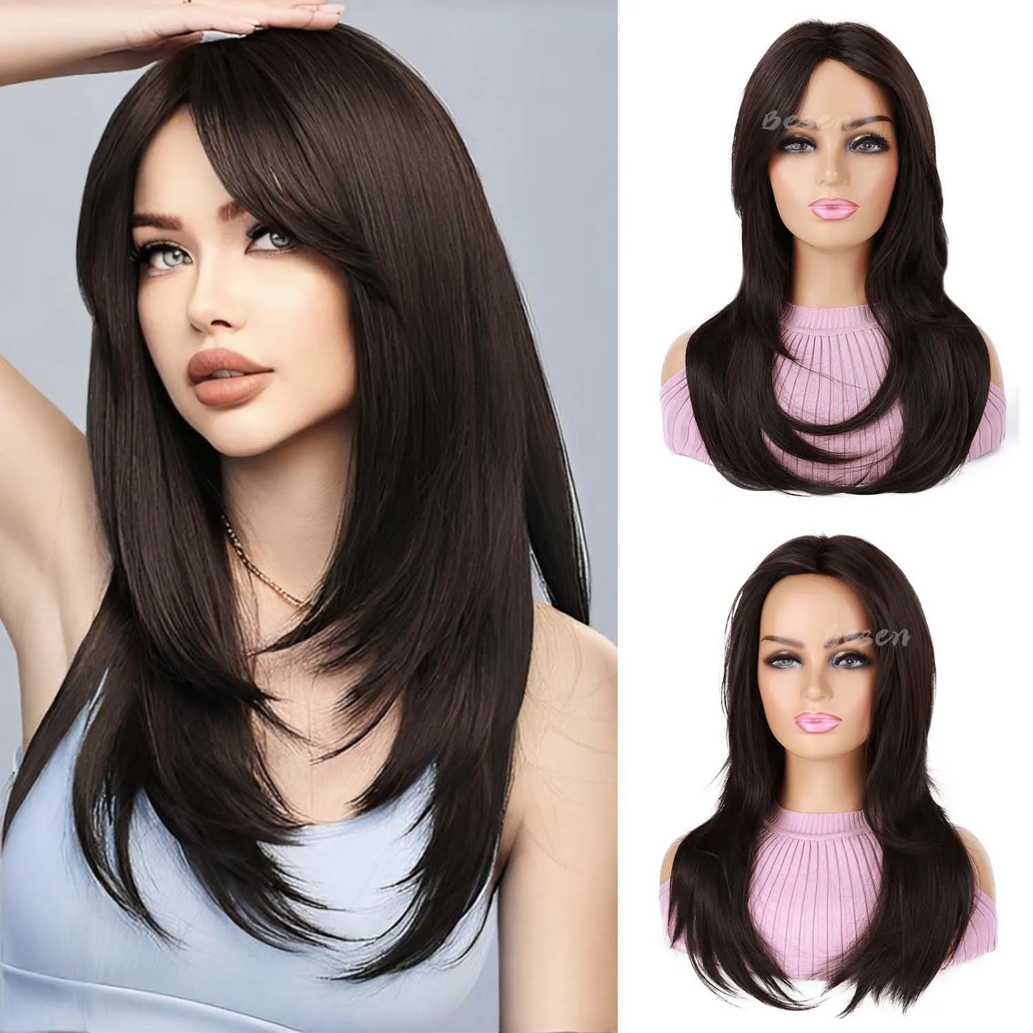 Synthetic Long Layered Black Wigs with Bangs for Women Heat Resistant Wigs for Daily Party Use