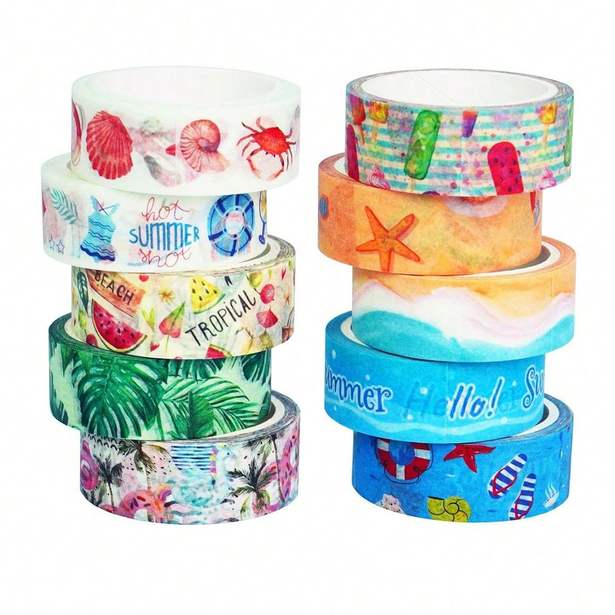10 Rolls of Summer-Themed Washi Tape, Ocean Beach Shell Pattern Masking Tape, Suitable for Decorating Diaries, Scrapbooks
