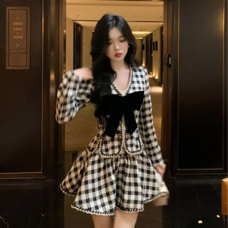 

Korean Vintage Houndstooth V-neck Bow Coat Women+ Y2k E-girls Slim Waist A-line Skirts 2025 Spring Autumn New Two Piece Sets