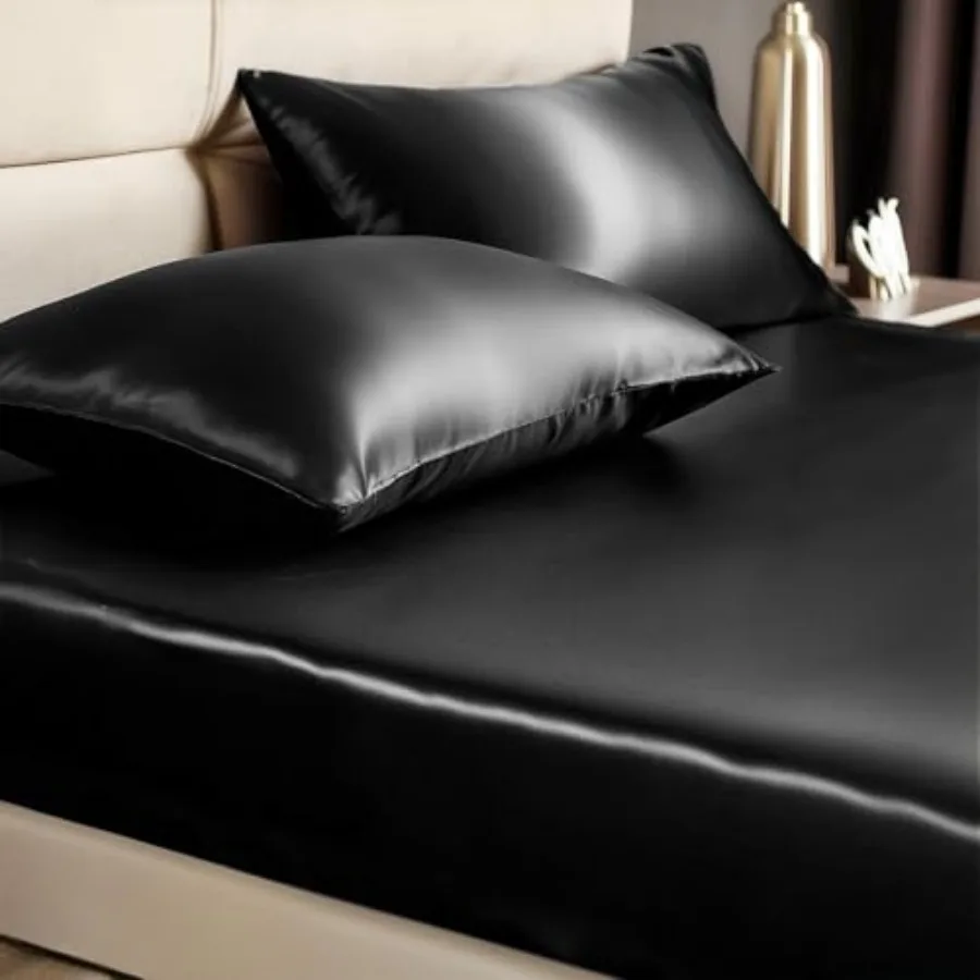 

Satin Fitted Sheet and Pillowcase Set - 3-Piece Luxury Soft Silk-Like with 1 Deep Pocket Fitted Sheet Fits 15" Mattress and 2 P